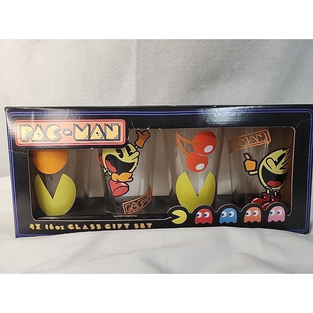 Rare Set of PAC~Man Glasses 16 oz Set of Four In Box.  Vtg Collector  Pac Man